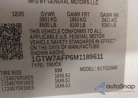 2021 GMC Savana Cargo Rwd 2500 Regular Wheelbase Work Van from USA, damaged, VIN 1GTW7AFP6M1189611